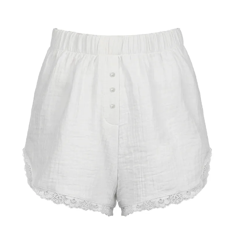 Casual White Basic Summer Shorts Women Lace Trim Buttons Homewear Sporty Chic Short Pants Elastic Waist Korean Hottie