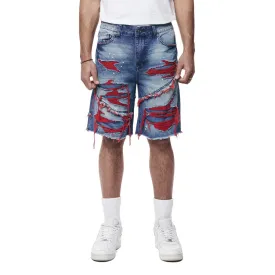 Color Wash Heavy Rip & Repair Jean Shorts - Red