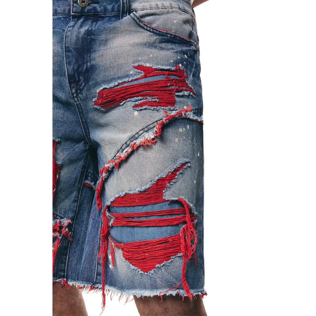 Color Wash Heavy Rip & Repair Jean Shorts - Red