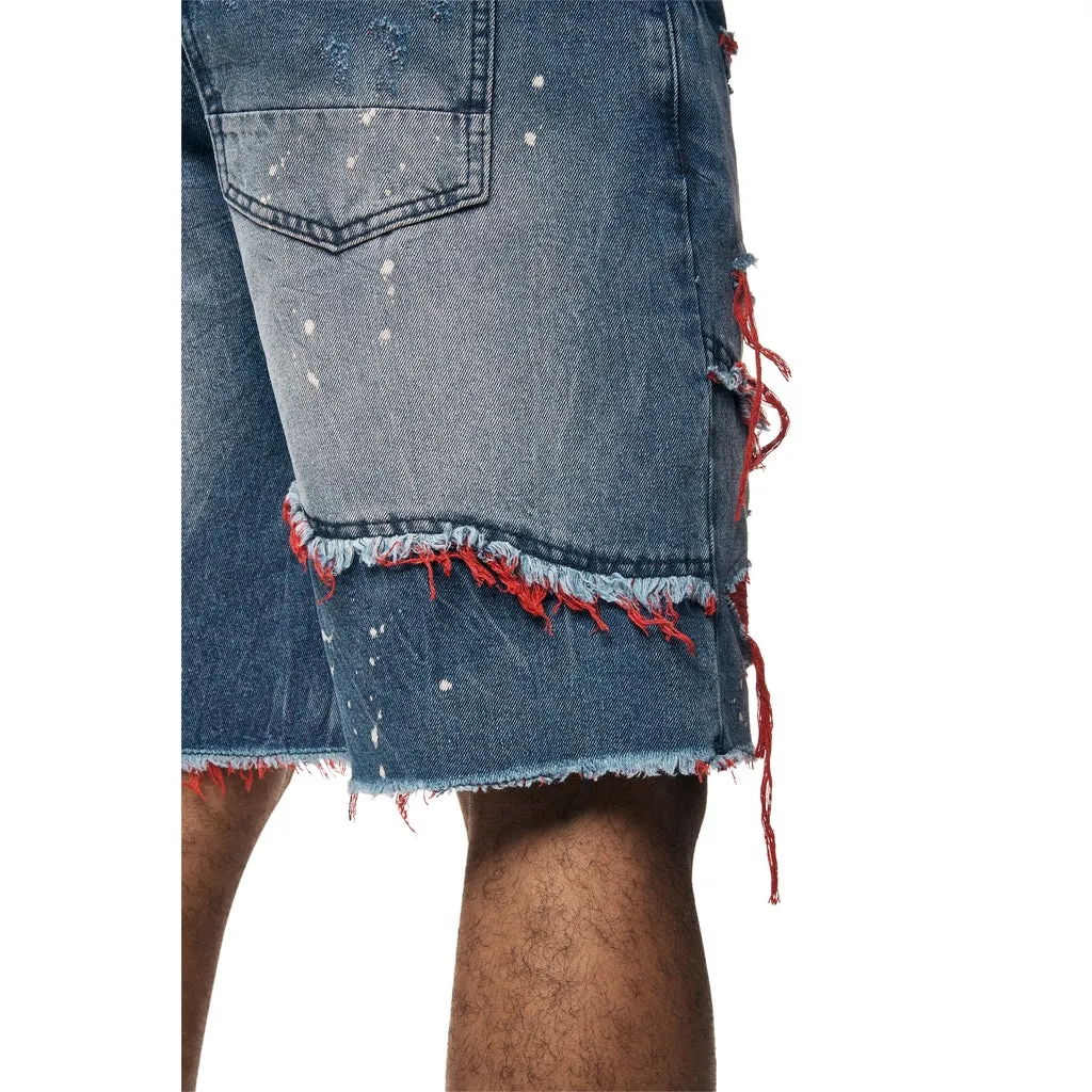 Color Wash Heavy Rip & Repair Jean Shorts - Red