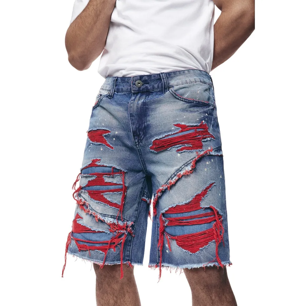 Color Wash Heavy Rip & Repair Jean Shorts - Red