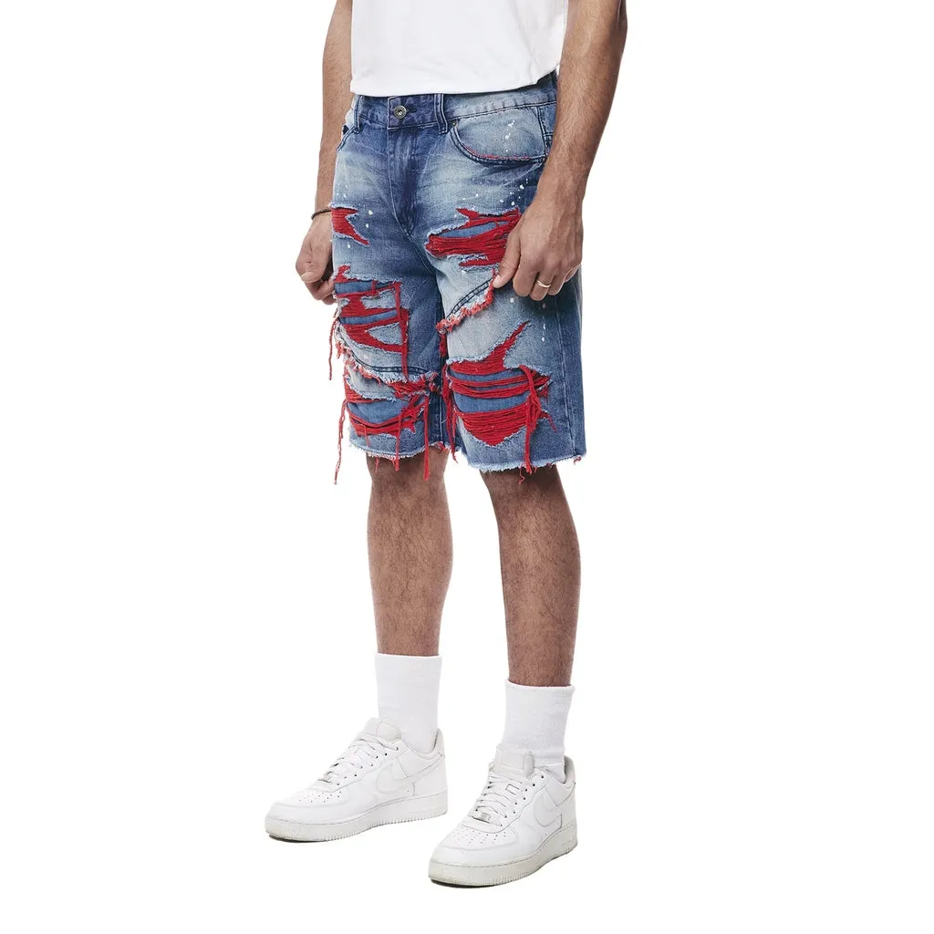 Color Wash Heavy Rip & Repair Jean Shorts - Red