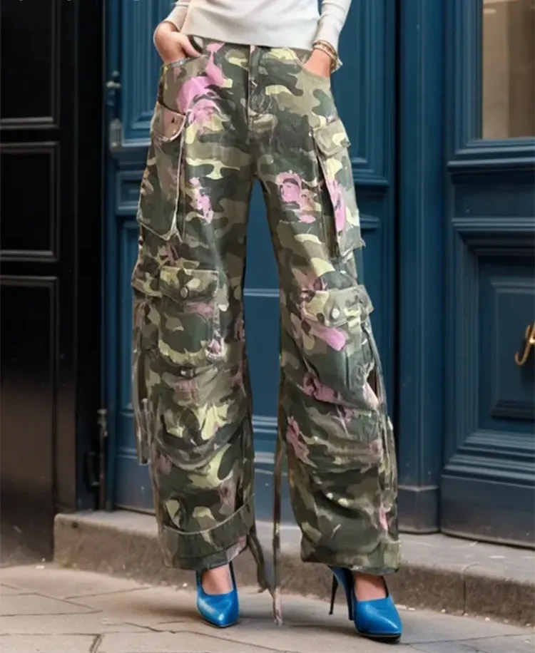 Colorblock Loose Camouflage Pant For Women High Wiast Patchwork Pockets Streetwear Casual Cargo Pants Female New