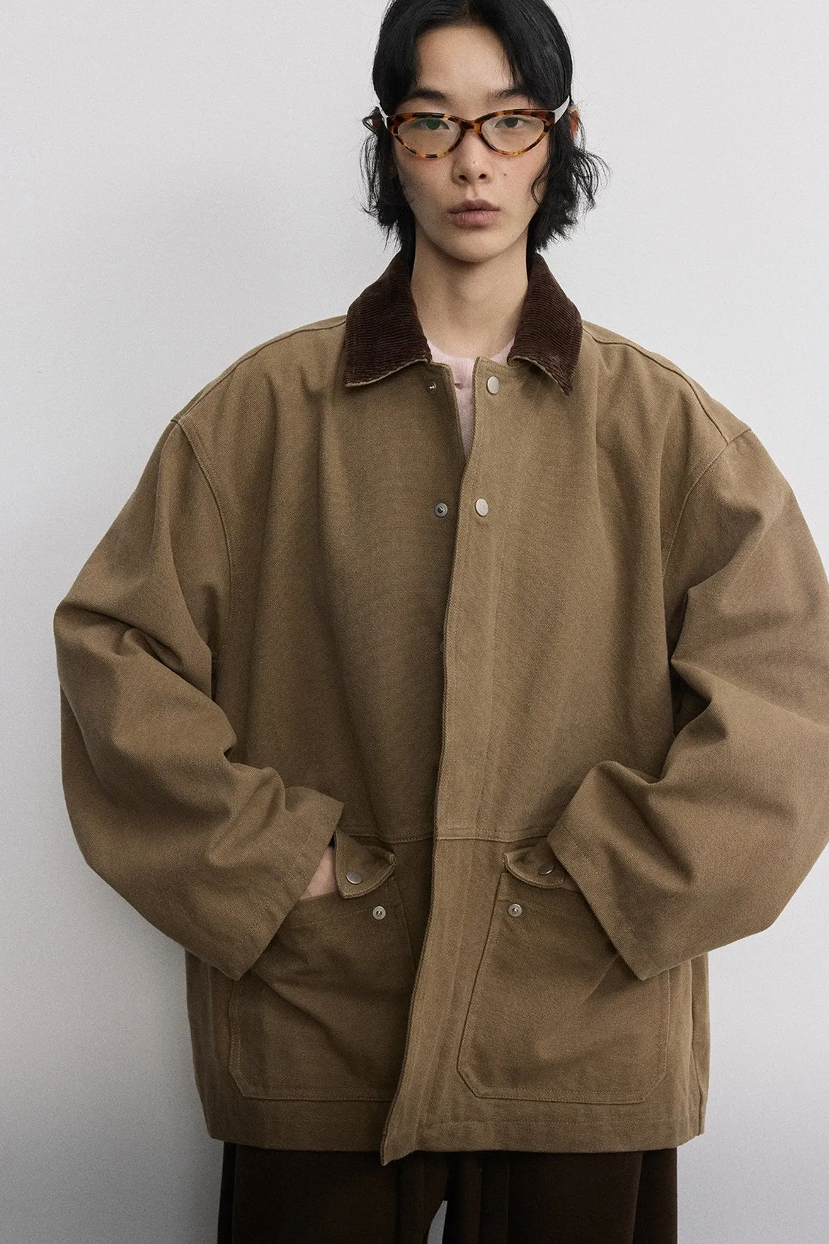 Cotton blend sand-washing workwear-style jacket | 3 color