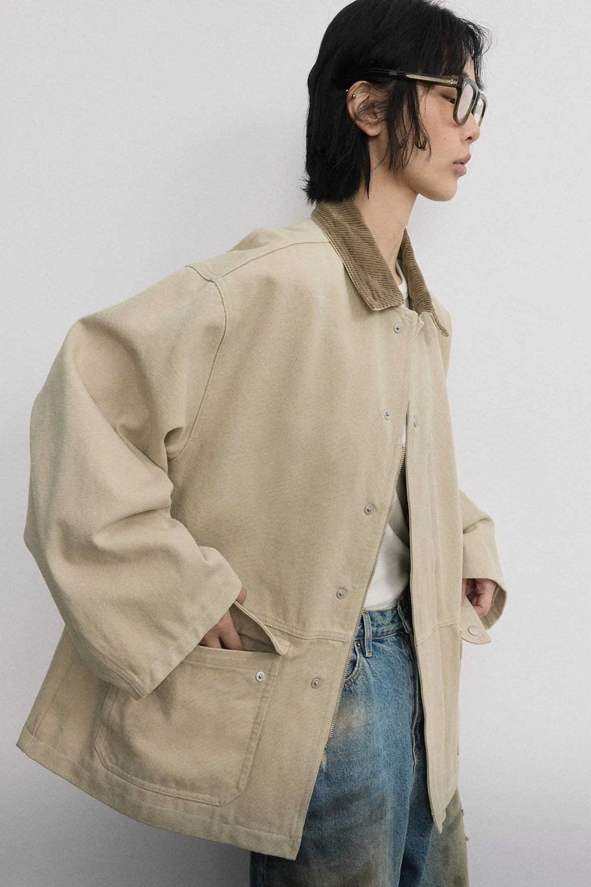 Cotton blend sand-washing workwear-style jacket | 3 color