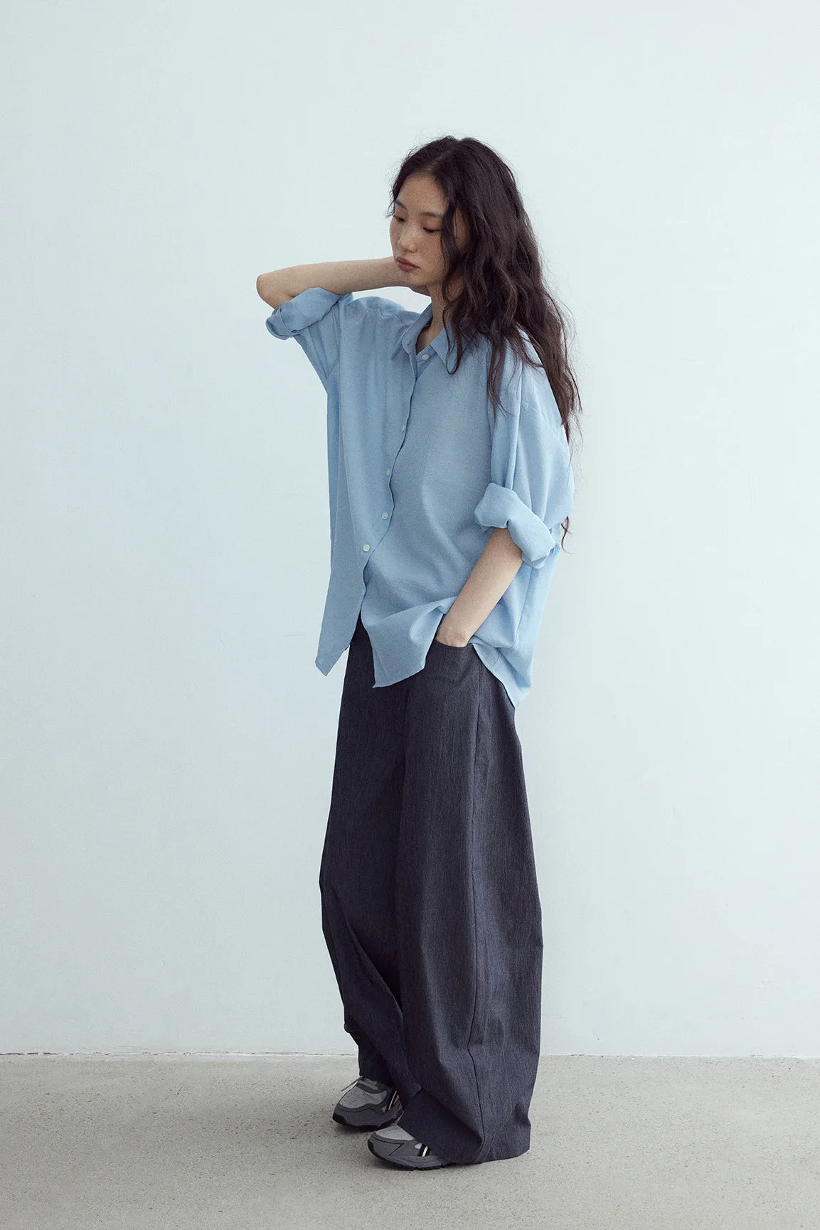 Cotton blend textured wide leg pants | 3 color