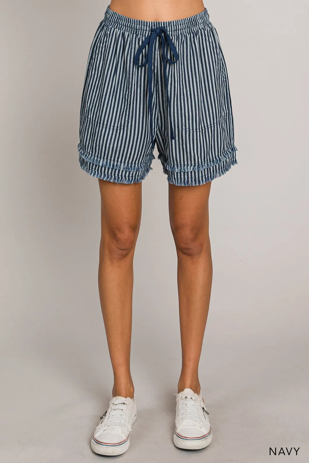 Cotton Bleu Denim Striped Frayed Shorts