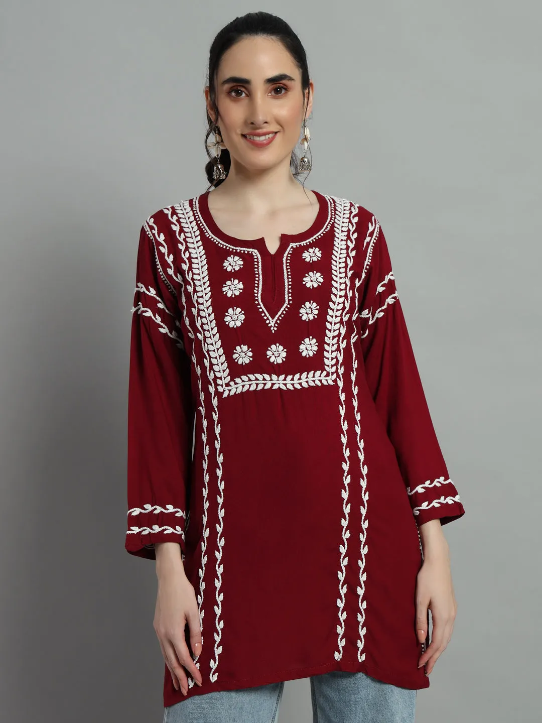 Cotton Rayon Short Maroon Kurti for Women