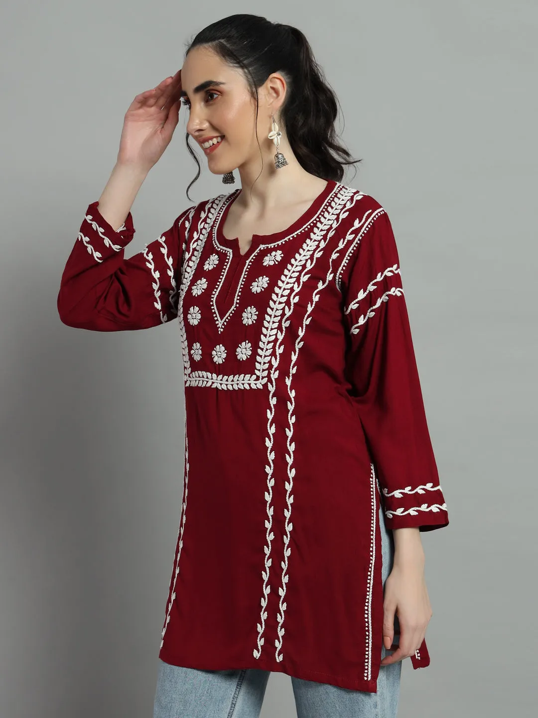 Cotton Rayon Short Maroon Kurti for Women