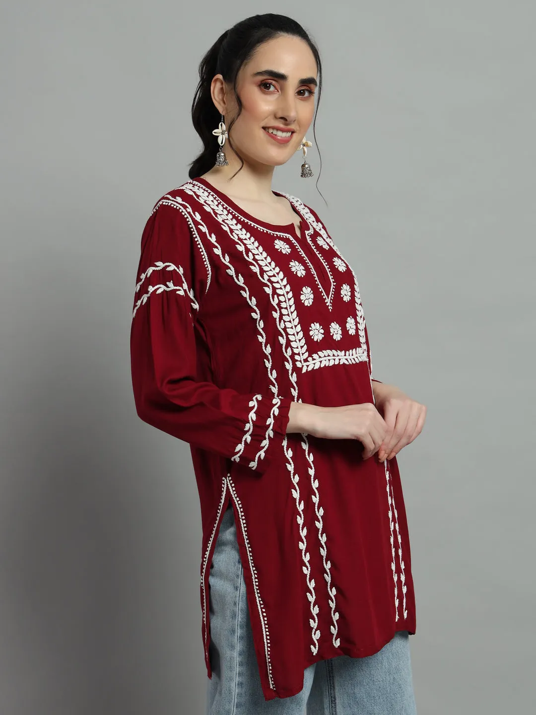 Cotton Rayon Short Maroon Kurti for Women