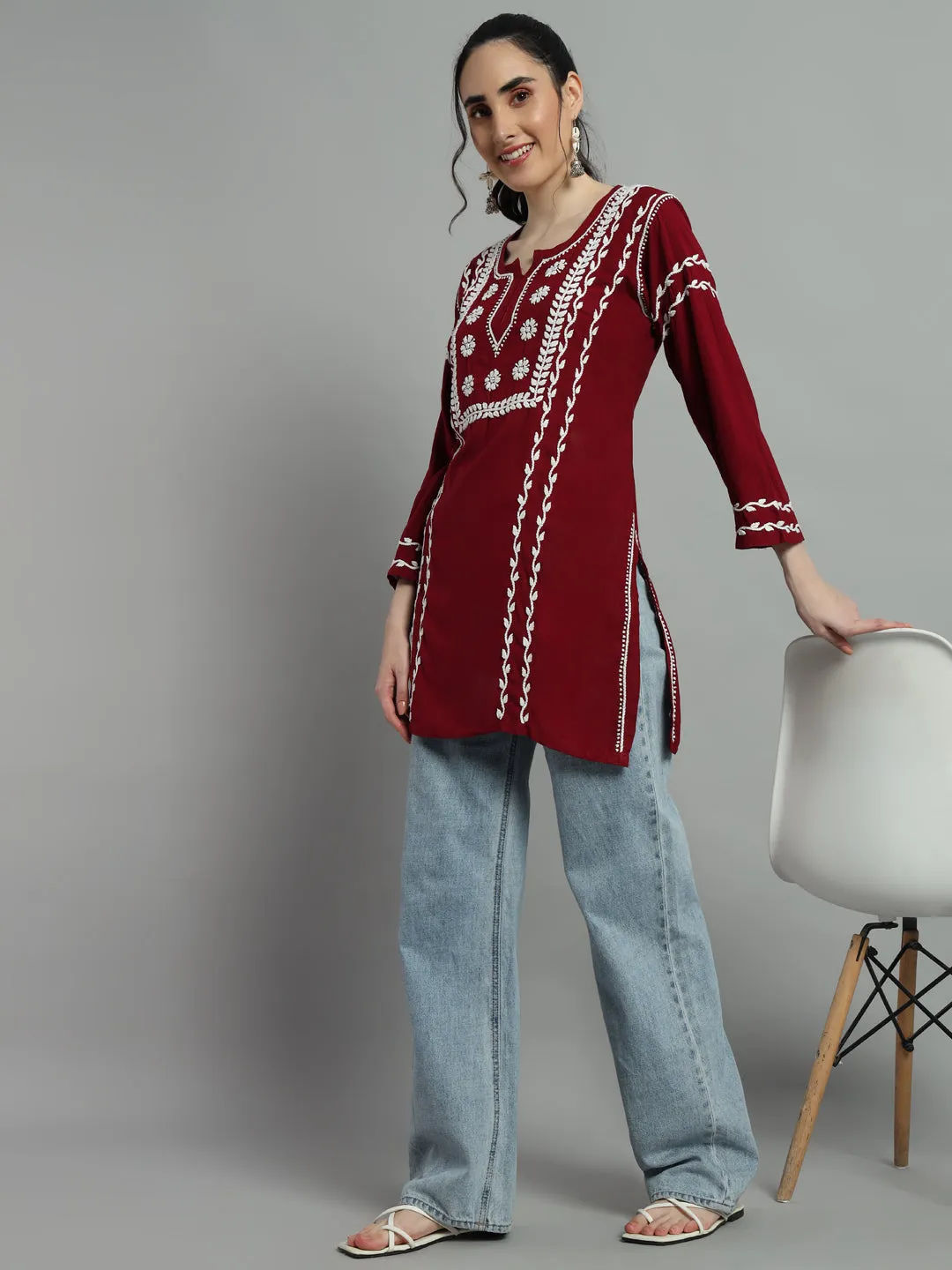 Cotton Rayon Short Maroon Kurti for Women