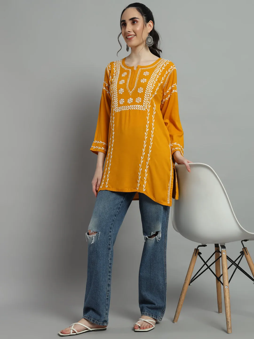 Cotton Rayon Short Mustard Kurti for Women