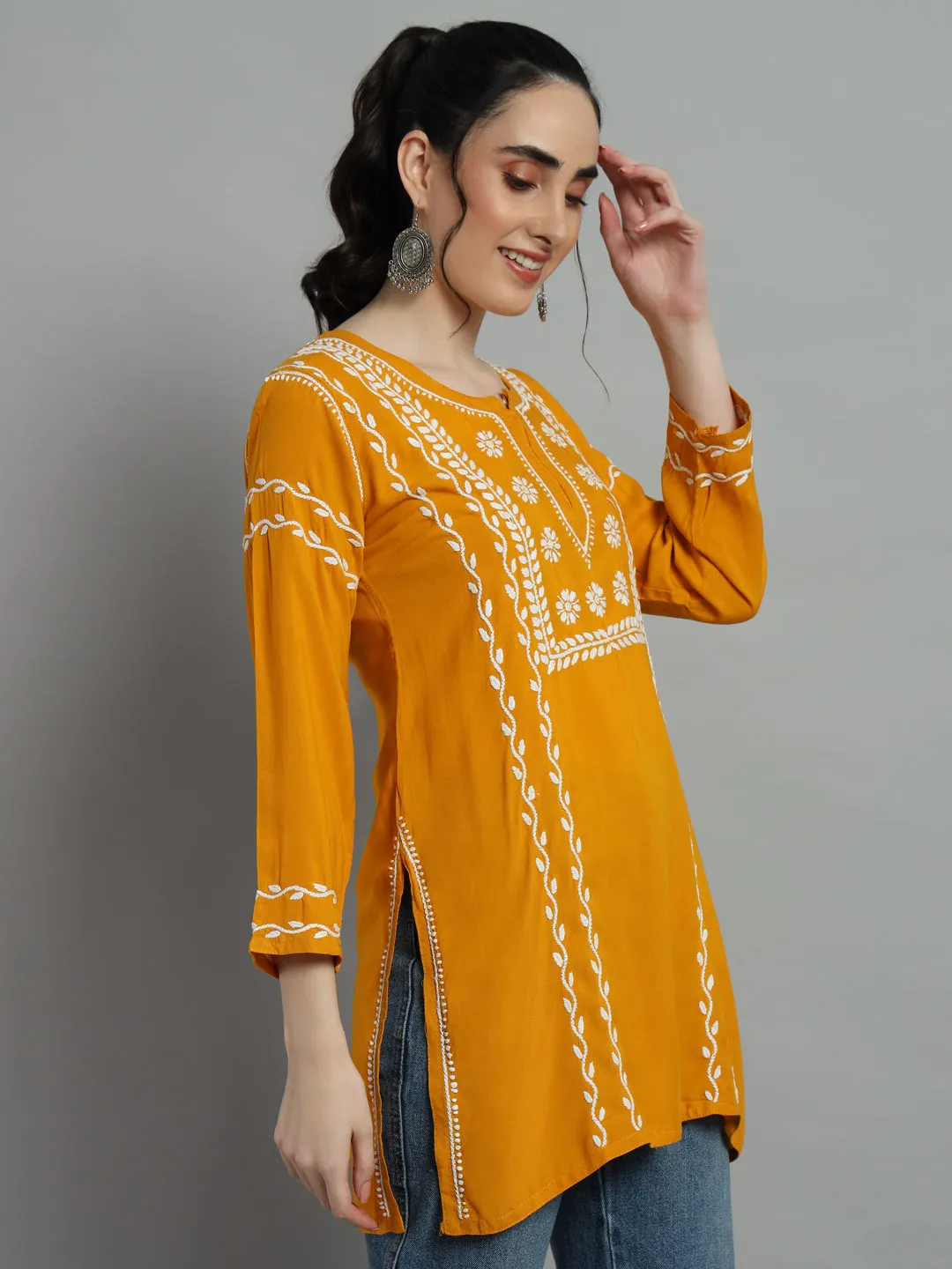 Cotton Rayon Short Mustard Kurti for Women