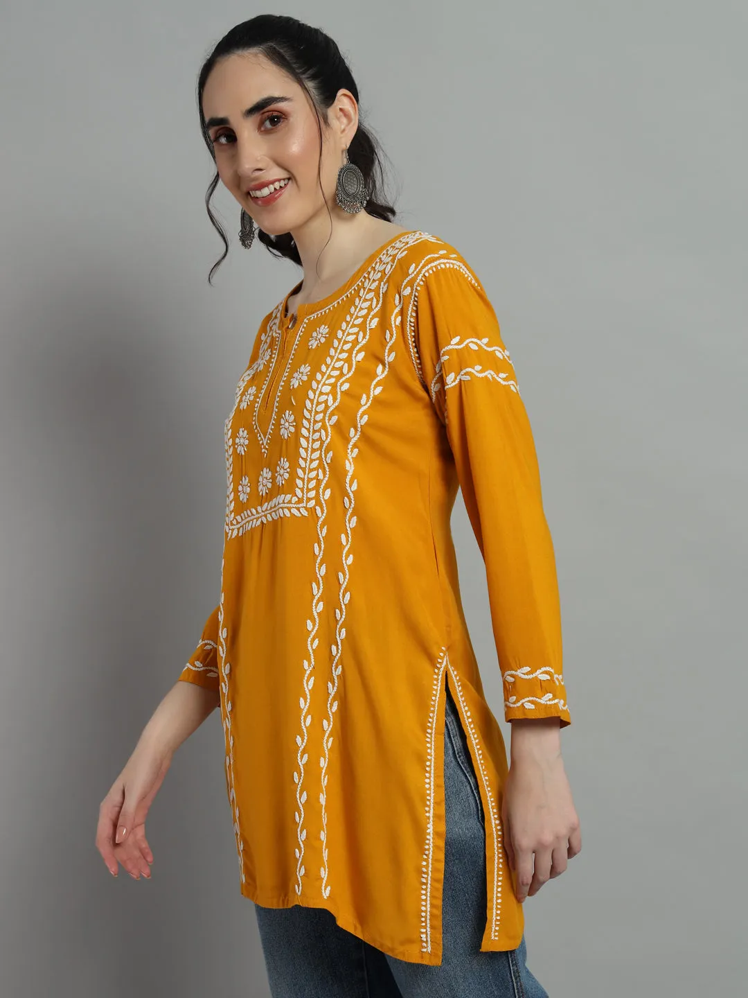 Cotton Rayon Short Mustard Kurti for Women