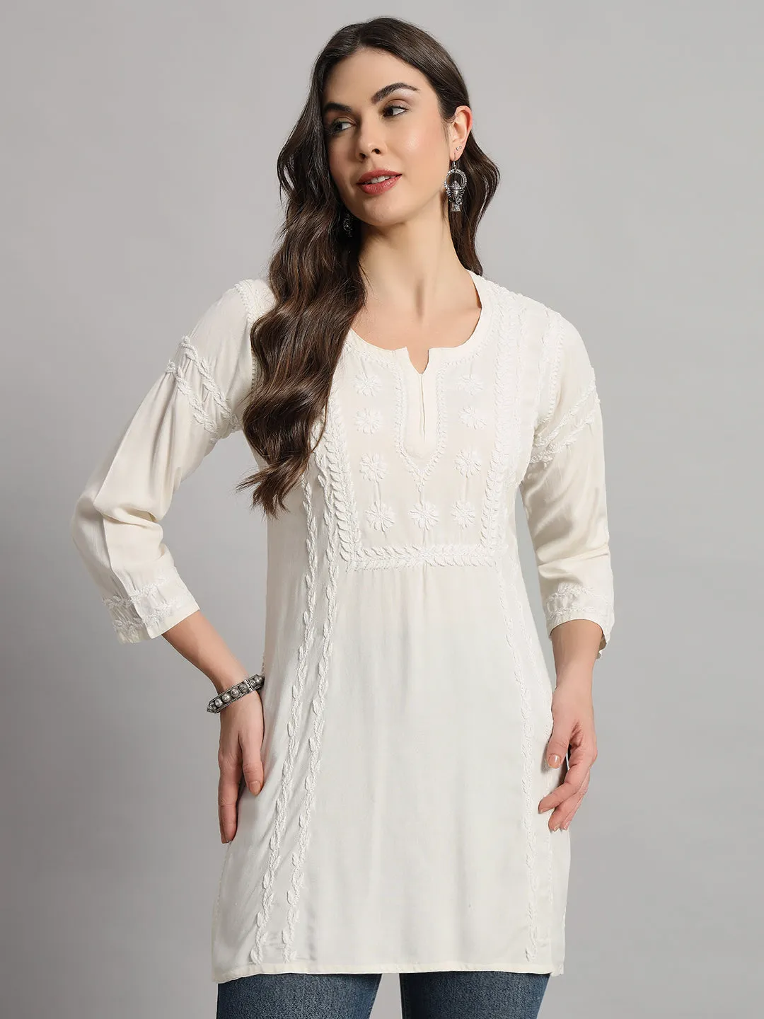 Cotton Rayon Short Off White Kurti for Women