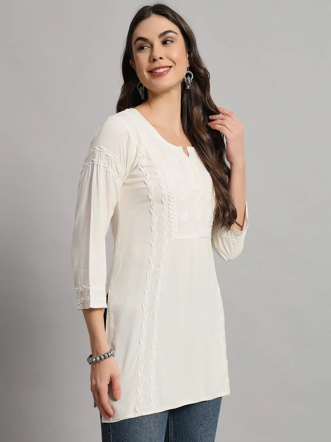 Cotton Rayon Short Off White Kurti for Women