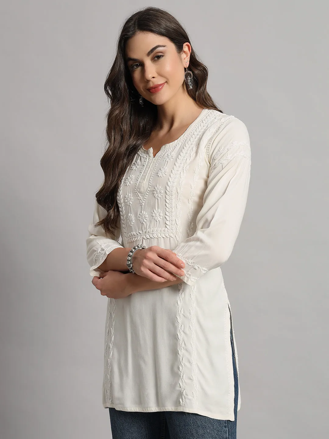 Cotton Rayon Short Off White Kurti for Women