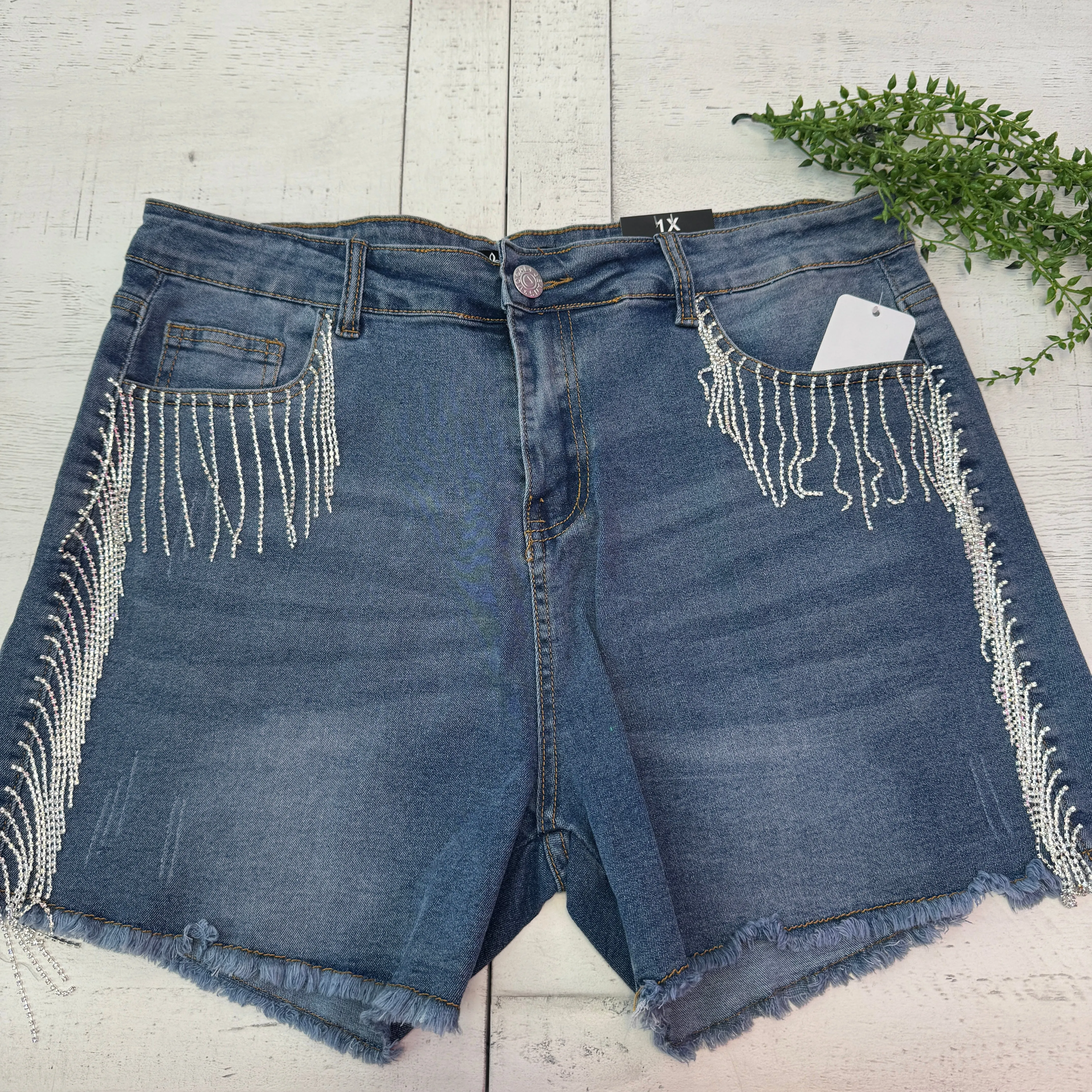 Curve - Shinestar - Bejeweled Fringe Denim Jean Shorts