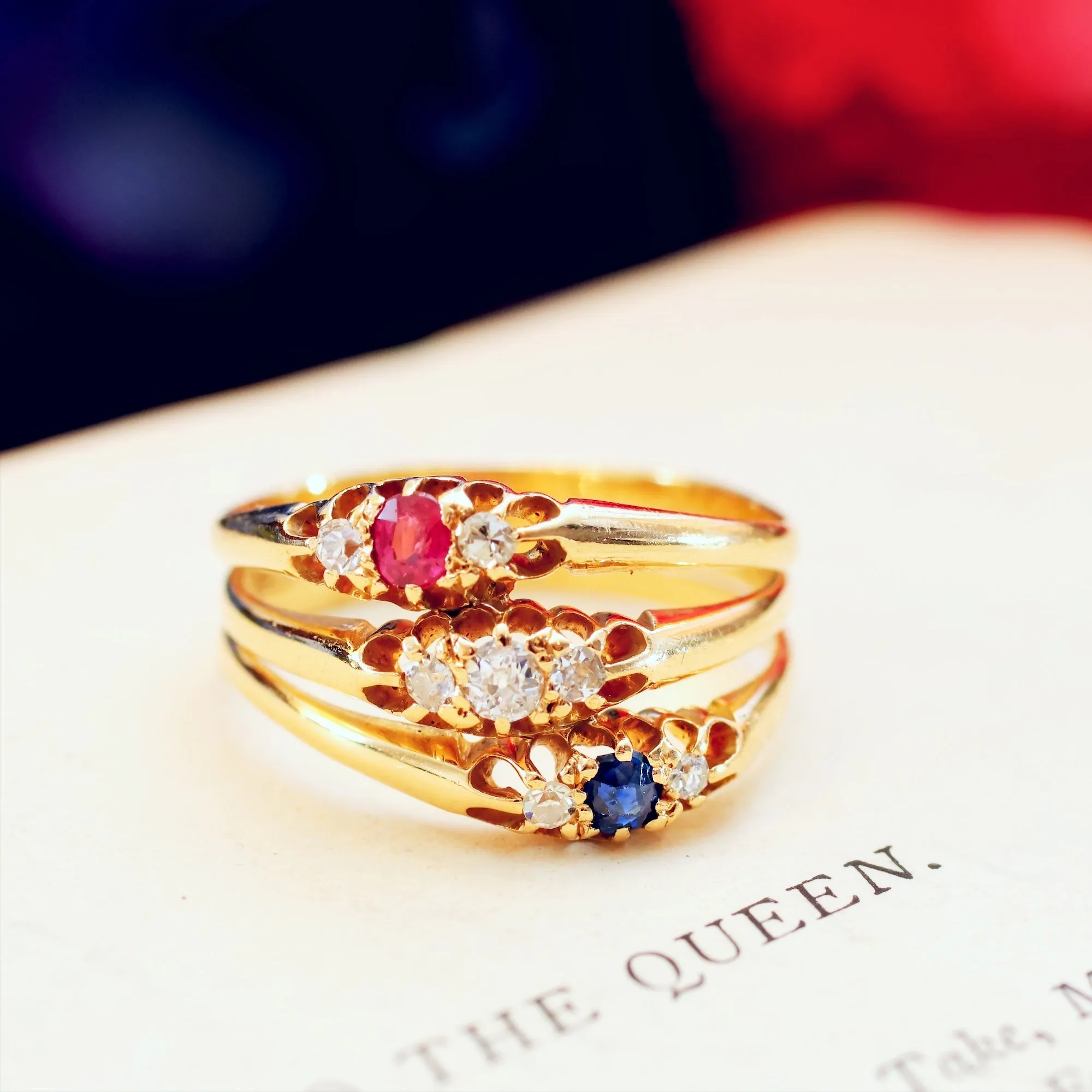 Date 1898 Tricolour Jubilee Diamond, Sapphire & Ruby Ring