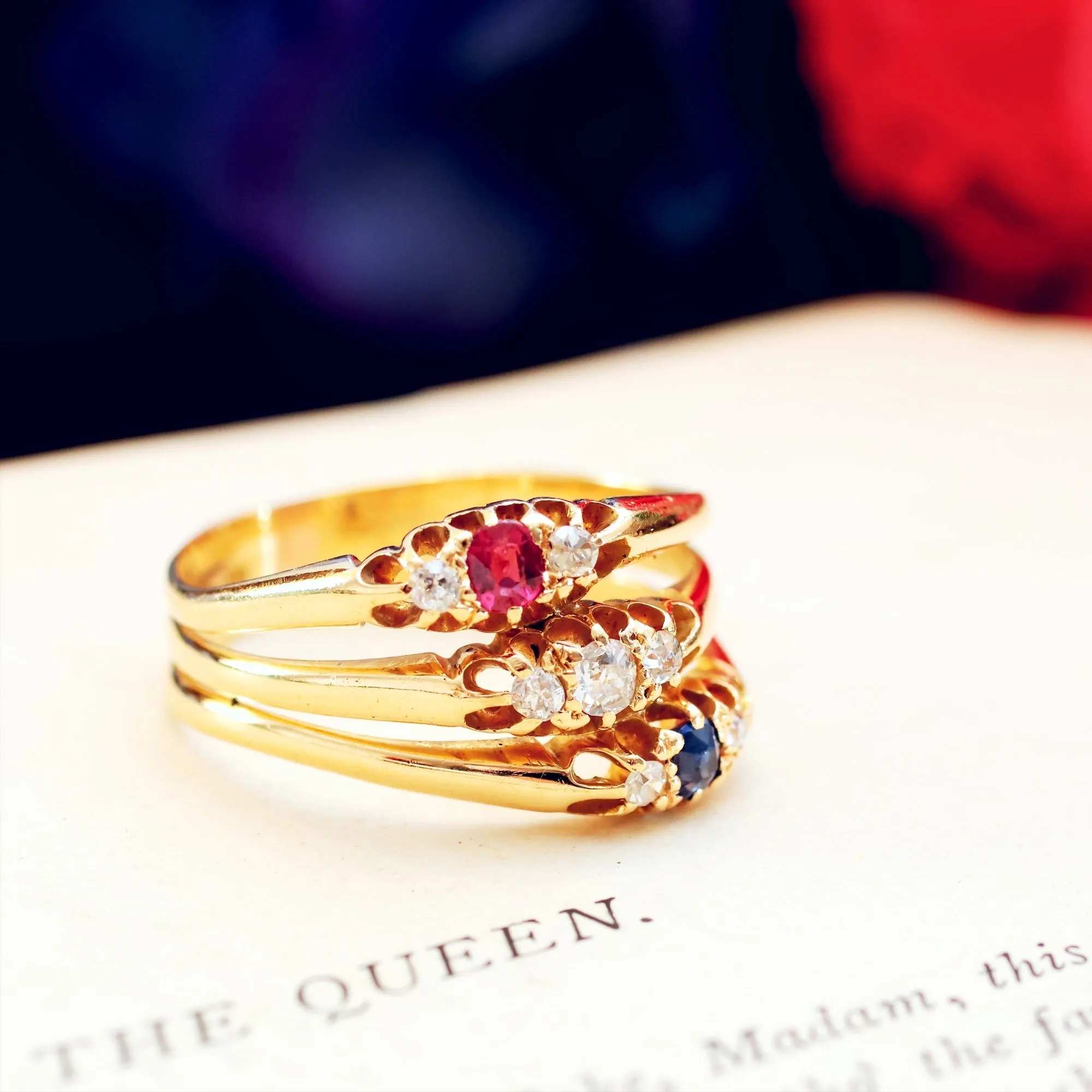 Date 1898 Tricolour Jubilee Diamond, Sapphire & Ruby Ring