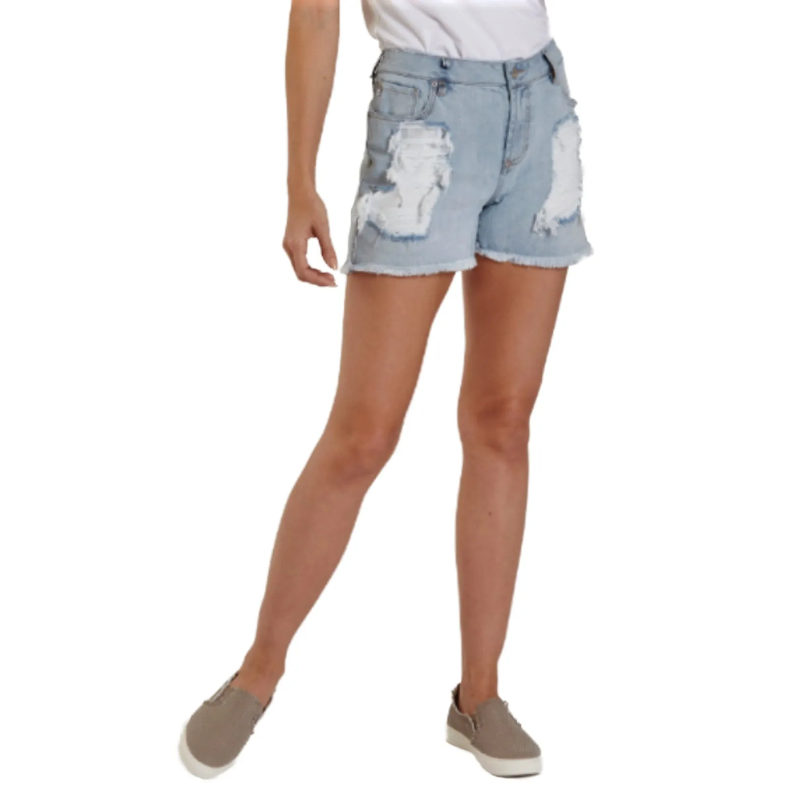 DEAR JOHN Women's High Rise Frayed Hem Destructed Denim Shorts