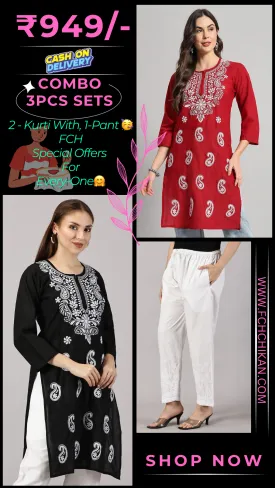 Embroidered Cotton Wear: 2 Kurtis   Pants Set | Women’s Cotton Kurti Set: Embroidery & Comfort Combo | Chic Cotton Sets Combo: Embroidered Kurtis and Pants | Stylish Cotton Kurti Set with Pants - 2 Piece Combo