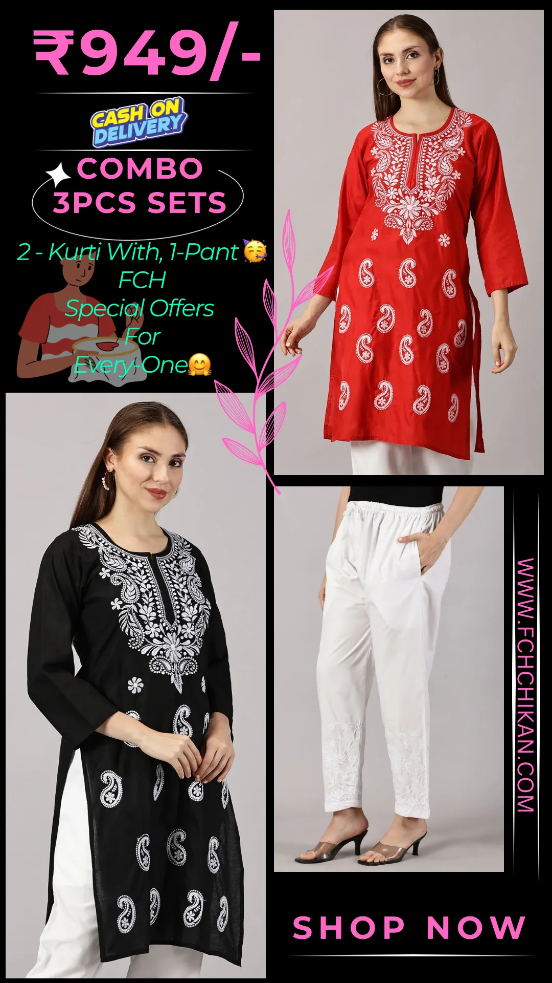 Embroidered Cotton Wear: 2 Kurtis   Pants Set | Women’s Cotton Kurti Set: Embroidery & Comfort Combo | Chic Cotton Sets Combo: Embroidered Kurtis and Pants | Stylish Cotton Kurti Set with Pants - 2 Piece Combo