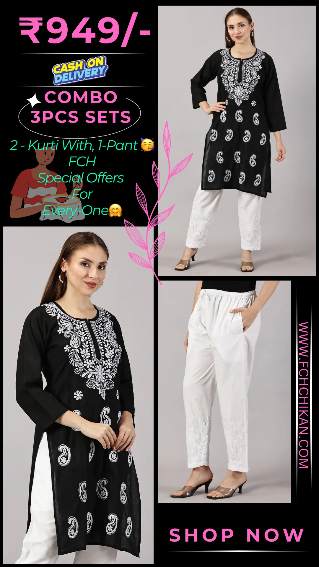 Embroidered Cotton Wear: 2 Kurtis   Pants Set | Women’s Cotton Kurti Set: Embroidery & Comfort Combo | Chic Cotton Sets Combo: Embroidered Kurtis and Pants | Stylish Cotton Kurti Set with Pants - 2 Piece Combo