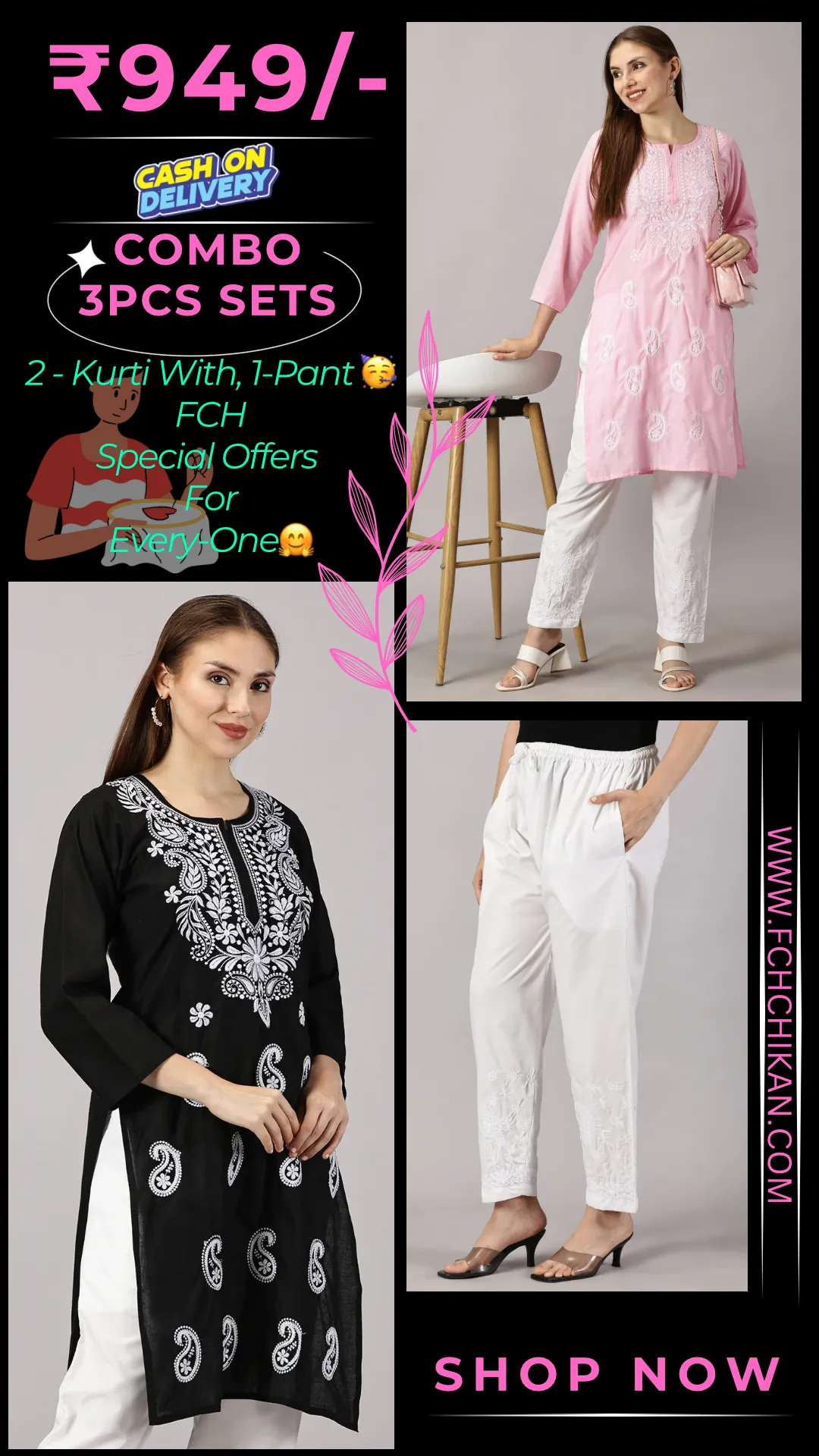 Embroidered Cotton Wear: 2 Kurtis   Pants Set | Women’s Cotton Kurti Set: Embroidery & Comfort Combo | Chic Cotton Sets Combo: Embroidered Kurtis and Pants | Stylish Cotton Kurti Set with Pants - 2 Piece Combo