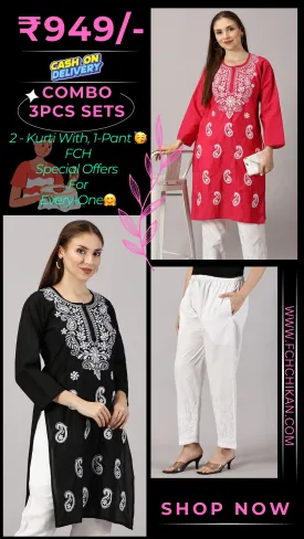 Embroidered Cotton Wear: 2 Kurtis   Pants Set | Women’s Cotton Kurti Set: Embroidery & Comfort Combo | Chic Cotton Sets Combo: Embroidered Kurtis and Pants | Stylish Cotton Kurti Set with Pants - 2 Piece Combo