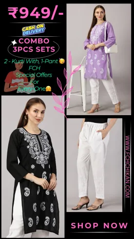 Embroidered Cotton Wear: 2 Kurtis   Pants Set | Women’s Cotton Kurti Set: Embroidery & Comfort Combo | Chic Cotton Sets Combo: Embroidered Kurtis and Pants | Stylish Cotton Kurti Set with Pants - 2 Piece Combo