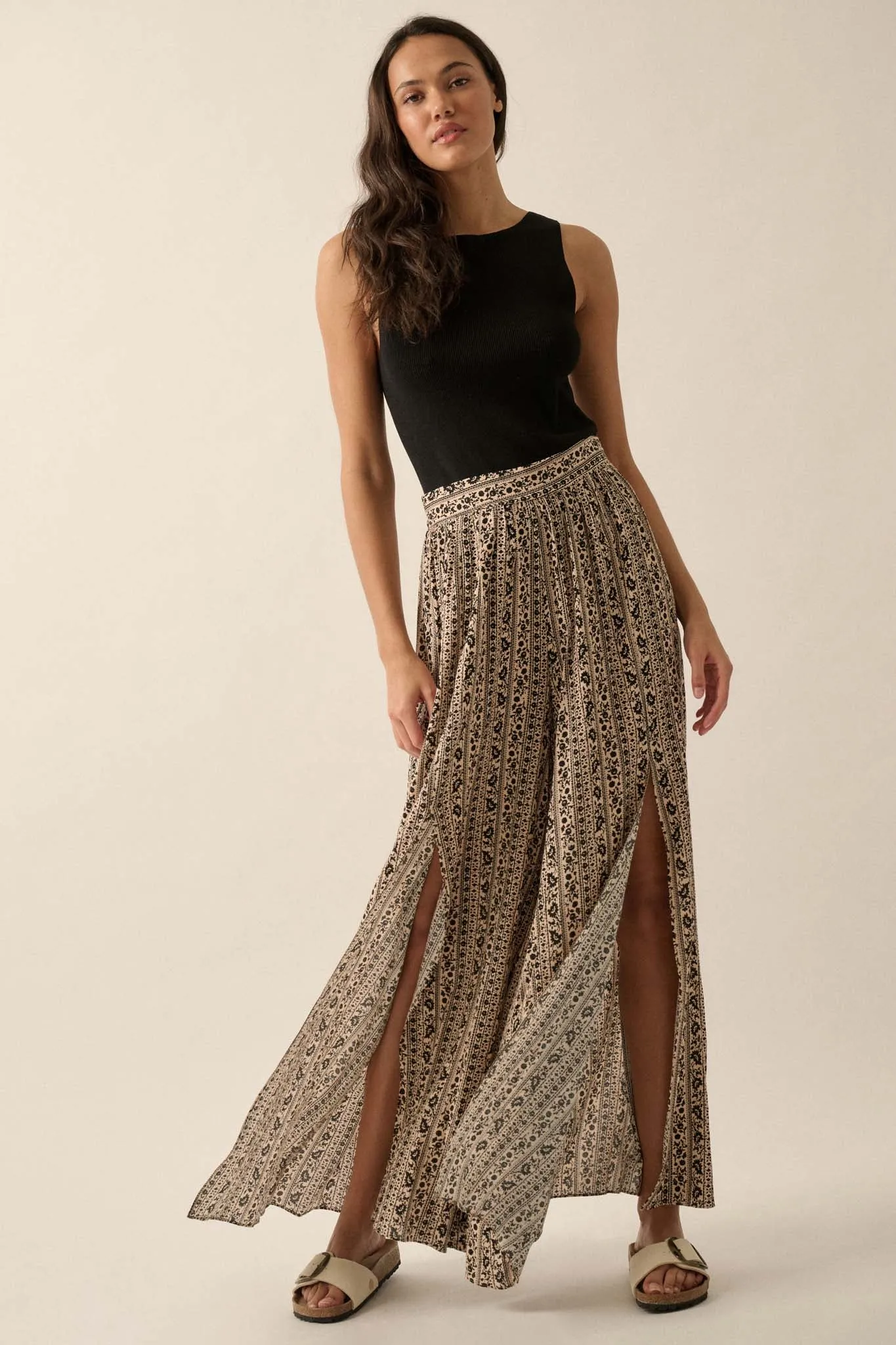 Far Beyond Floral-Stripe Split Wide-Leg Pants