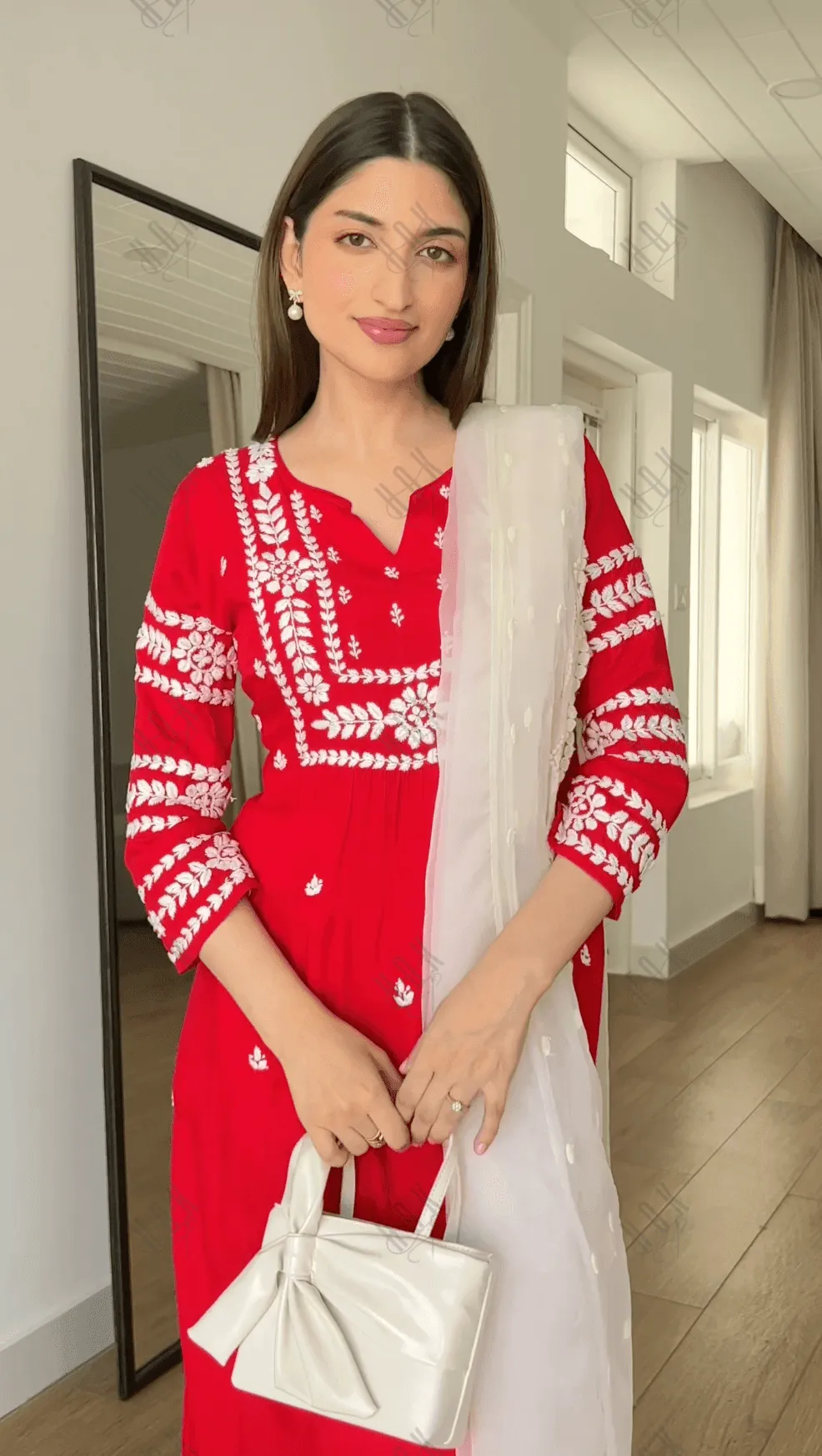 Farheen in Chikankari Long Kurta in Rayon Cotton for Women- Red