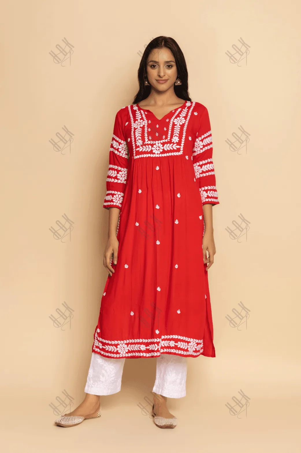 Farheen in Chikankari Long Kurta in Rayon Cotton for Women- Red