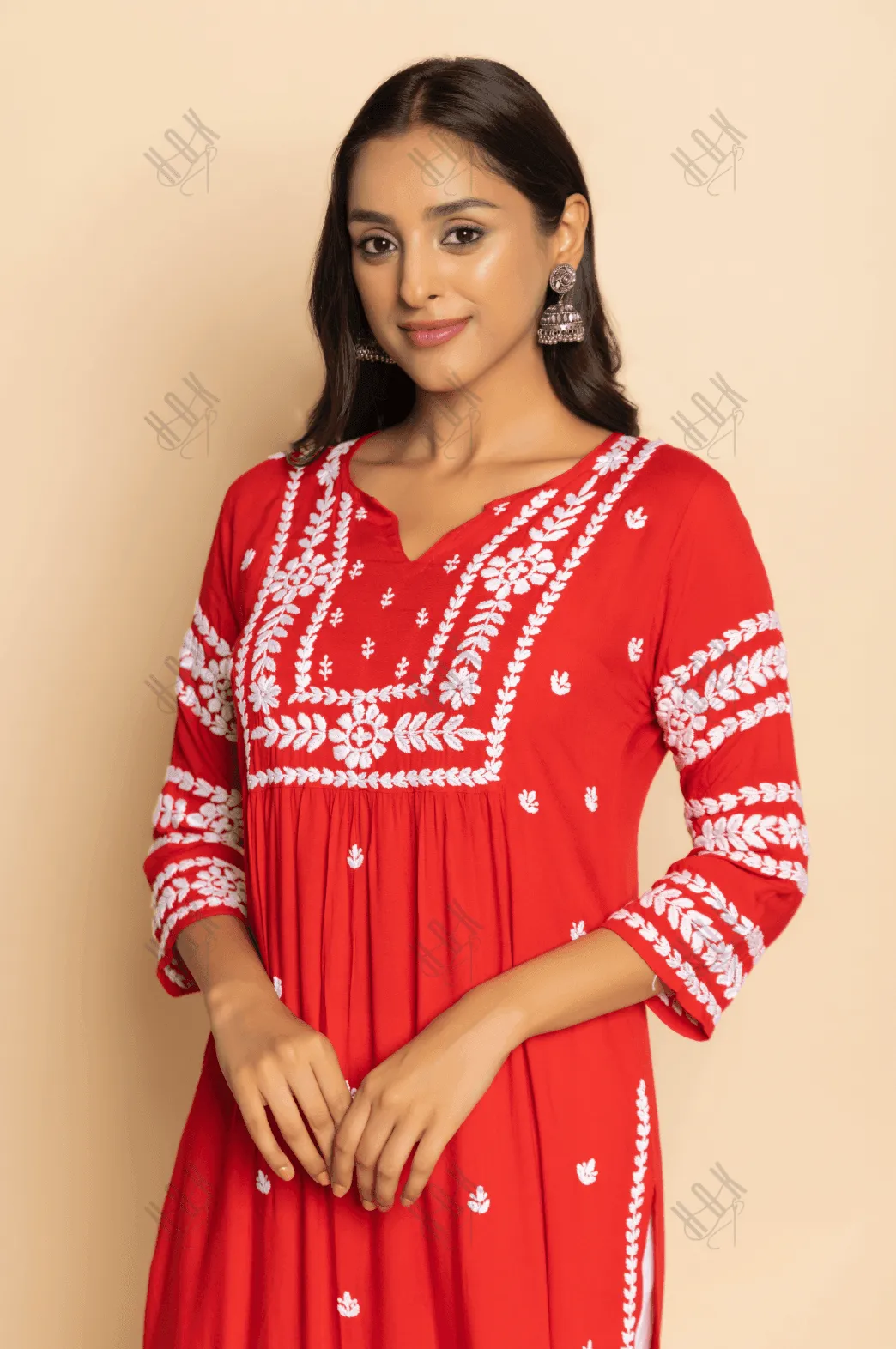 Farheen in Chikankari Long Kurta in Rayon Cotton for Women- Red