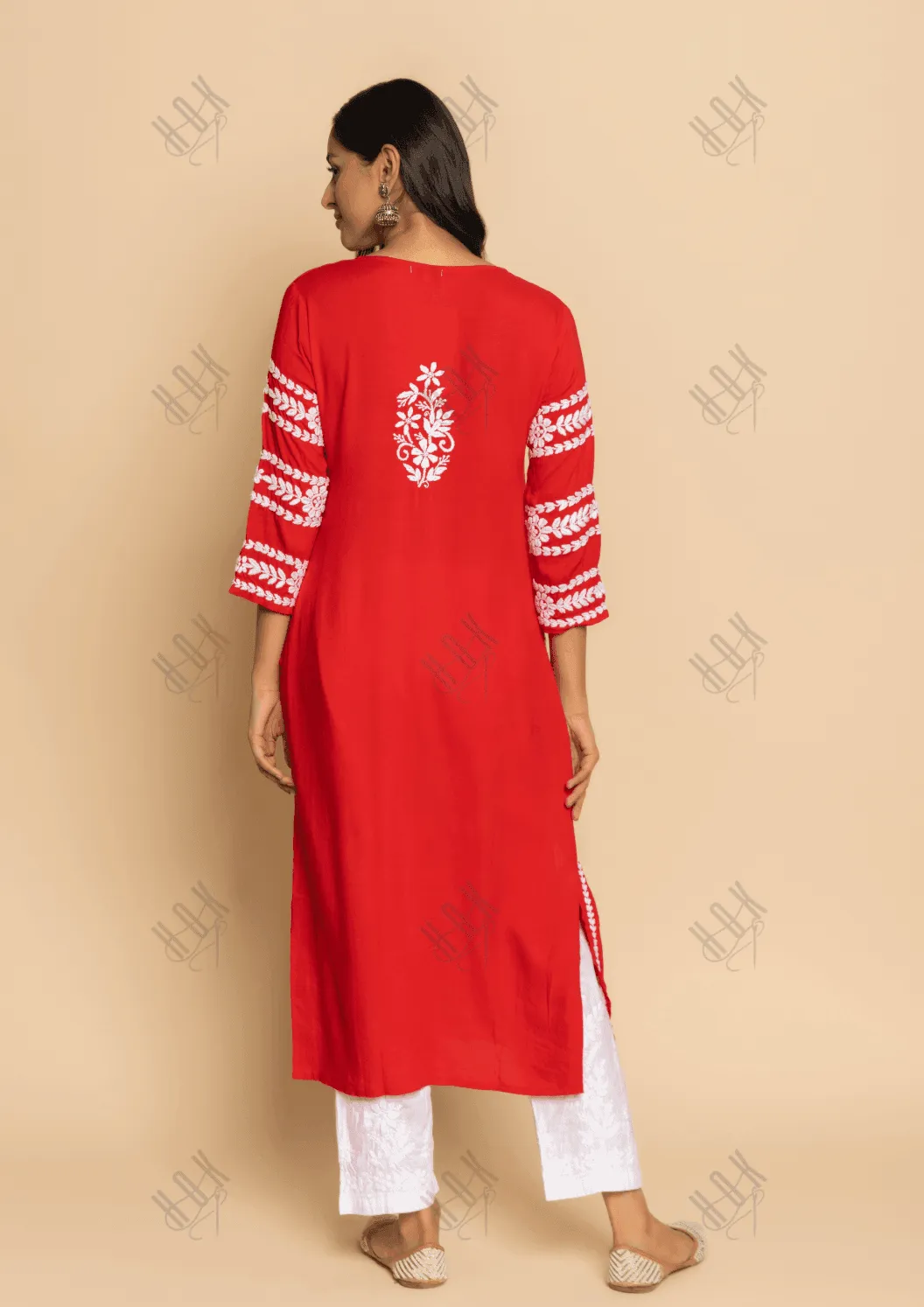 Farheen in Chikankari Long Kurta in Rayon Cotton for Women- Red