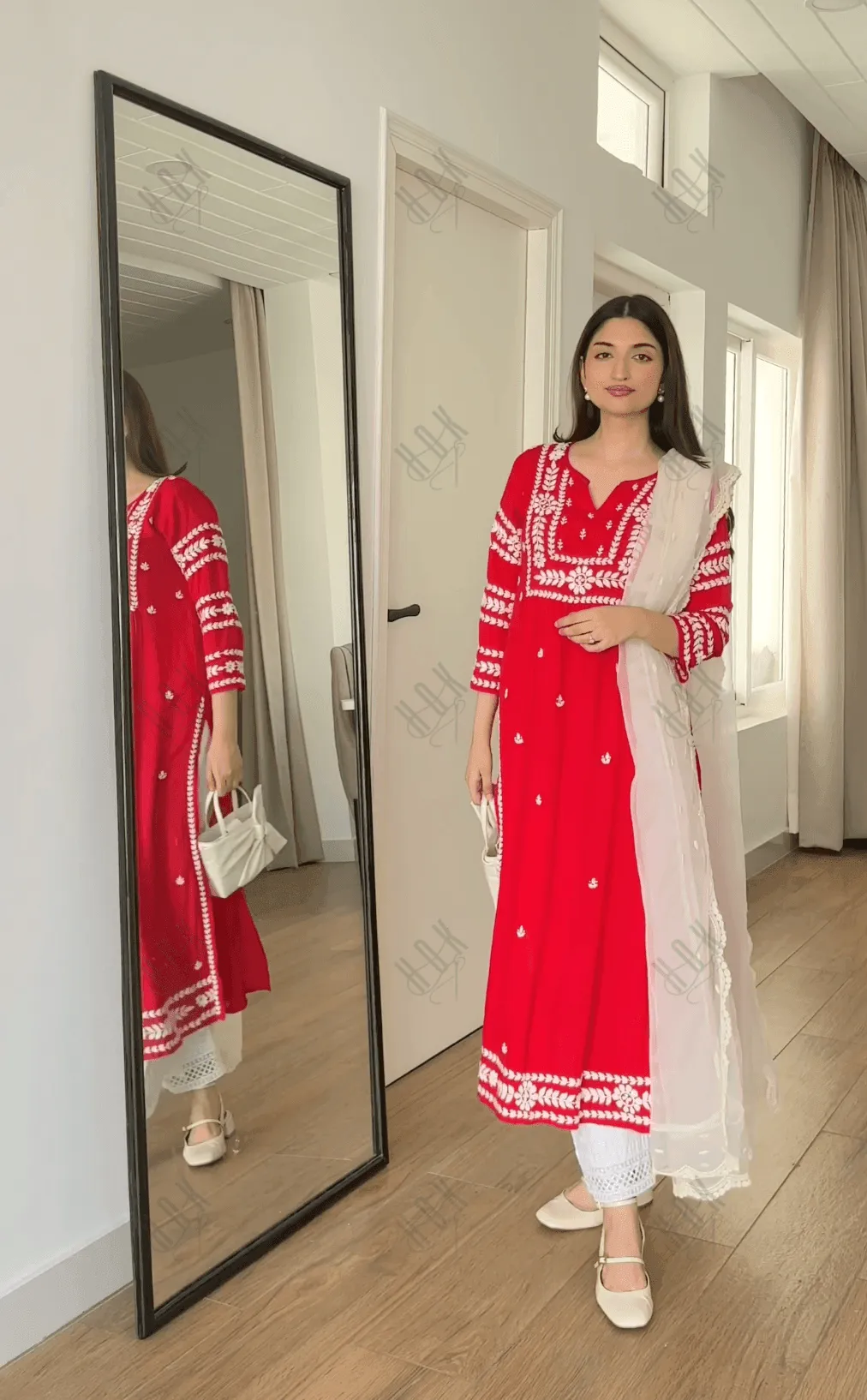 Farheen in Chikankari Long Kurta in Rayon Cotton for Women- Red