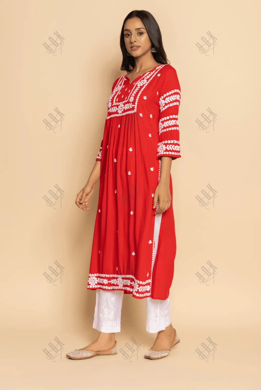 Farheen in Chikankari Long Kurta in Rayon Cotton for Women- Red