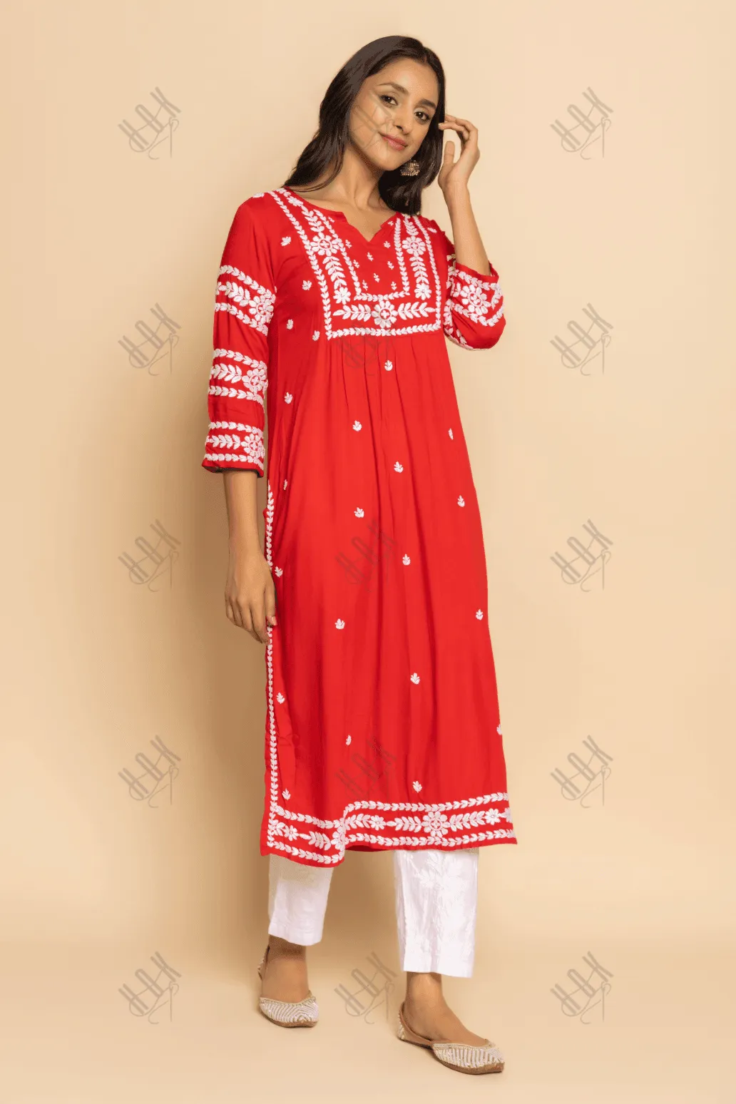 Farheen in Chikankari Long Kurta in Rayon Cotton for Women- Red