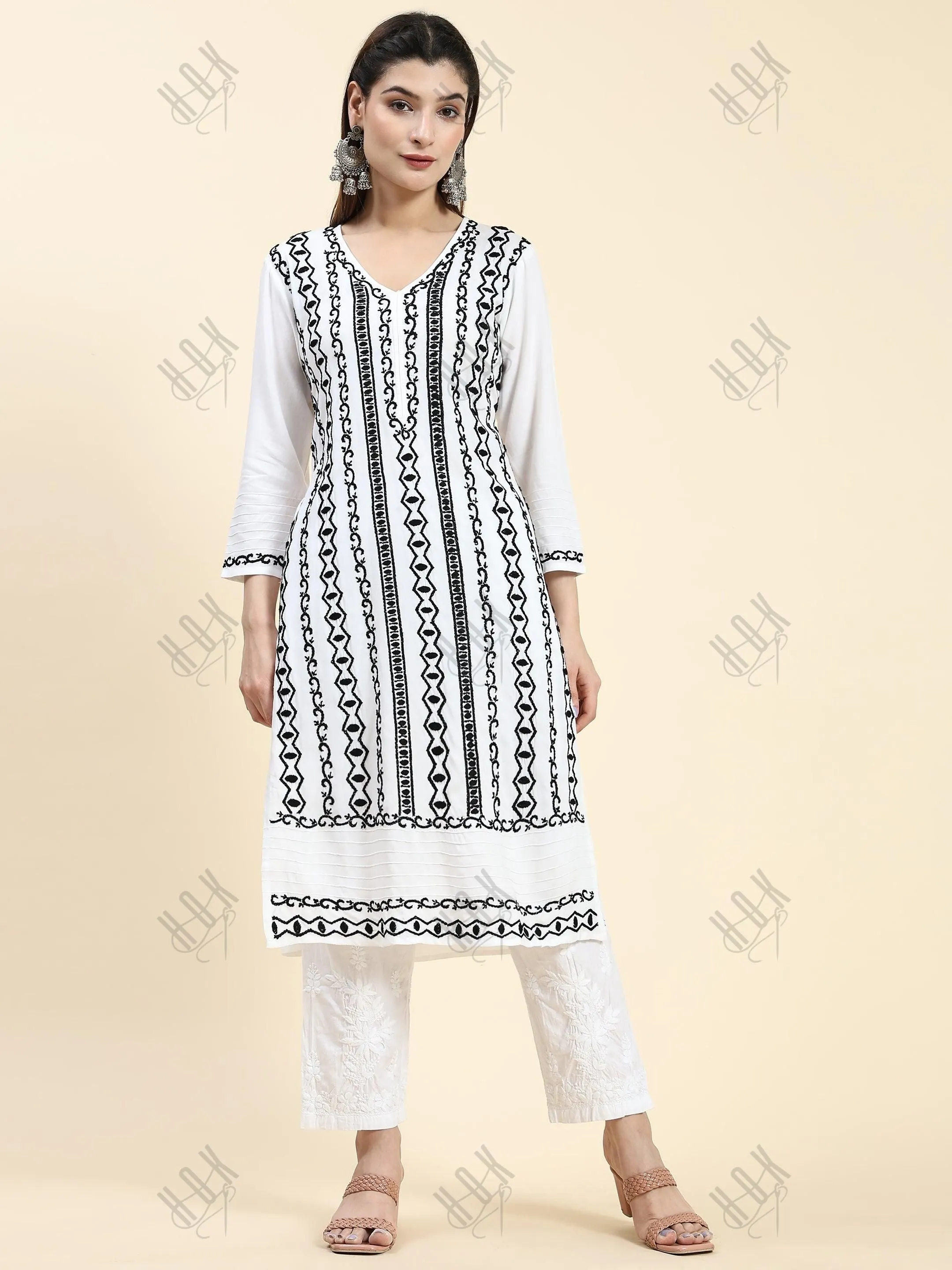 Farheen in Chikankari Long Kurta in Rayon Cotton for Women- White With Black