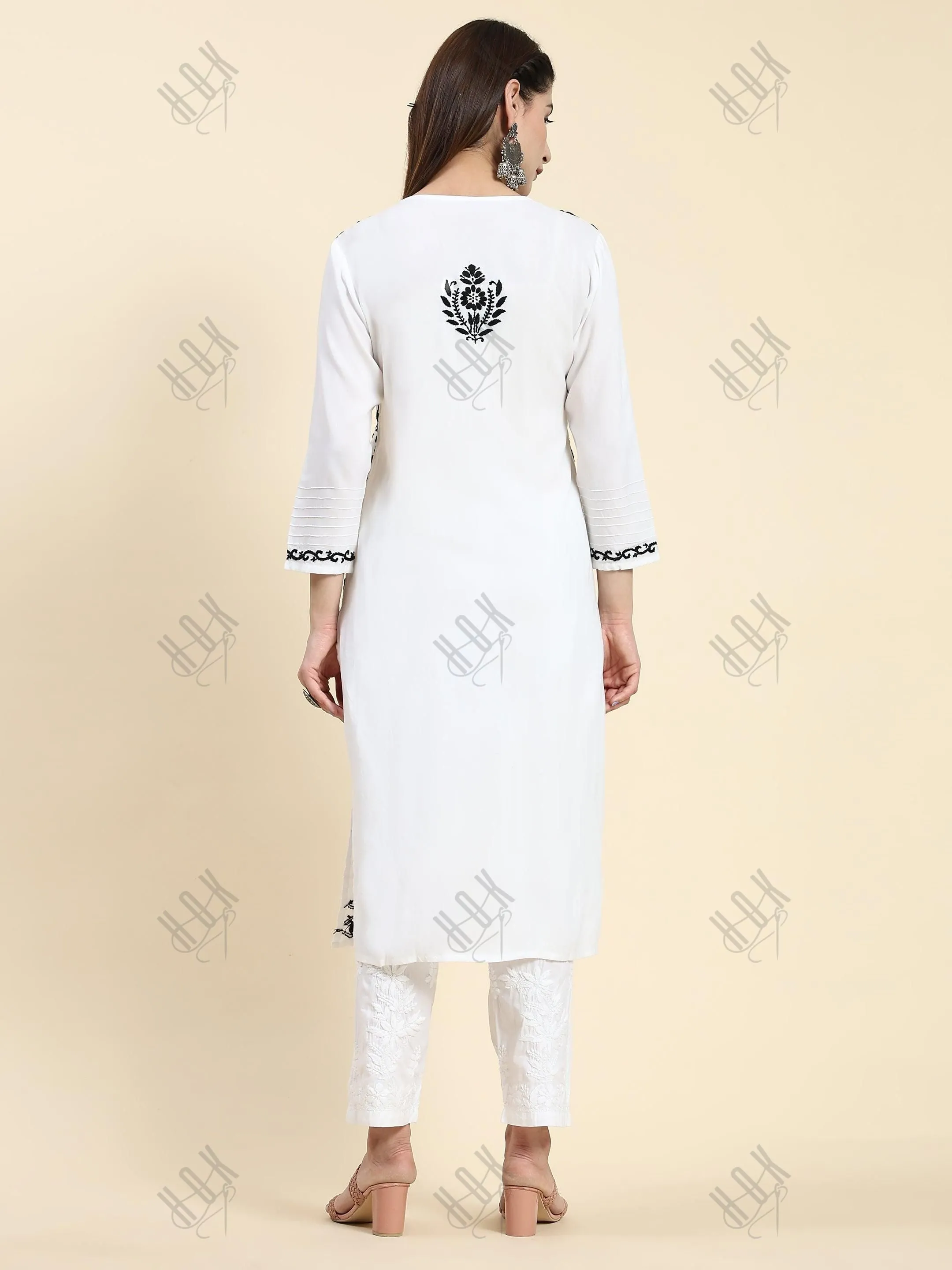 Farheen in Chikankari Long Kurta in Rayon Cotton for Women- White With Black