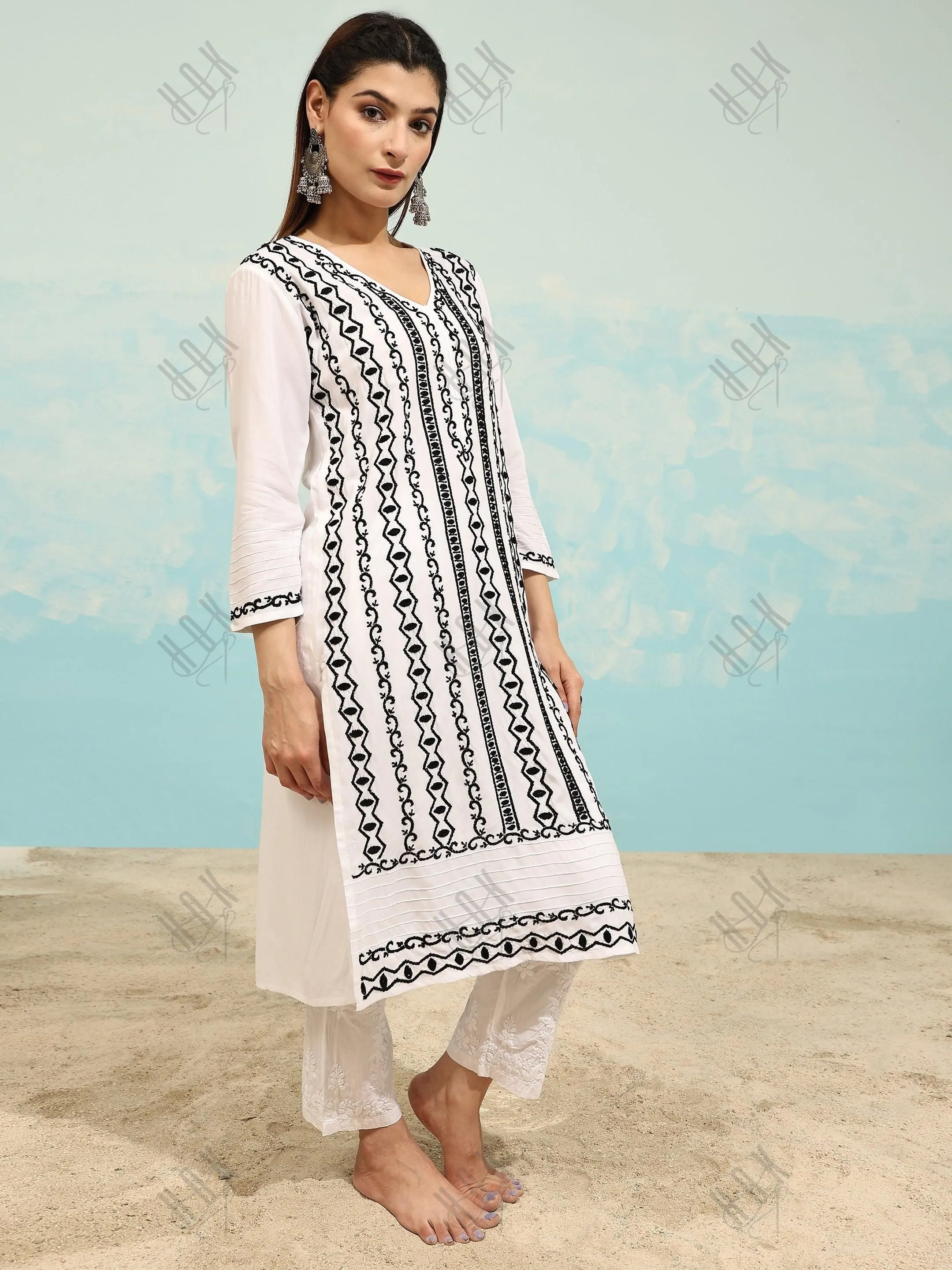 Farheen in Chikankari Long Kurta in Rayon Cotton for Women- White With Black