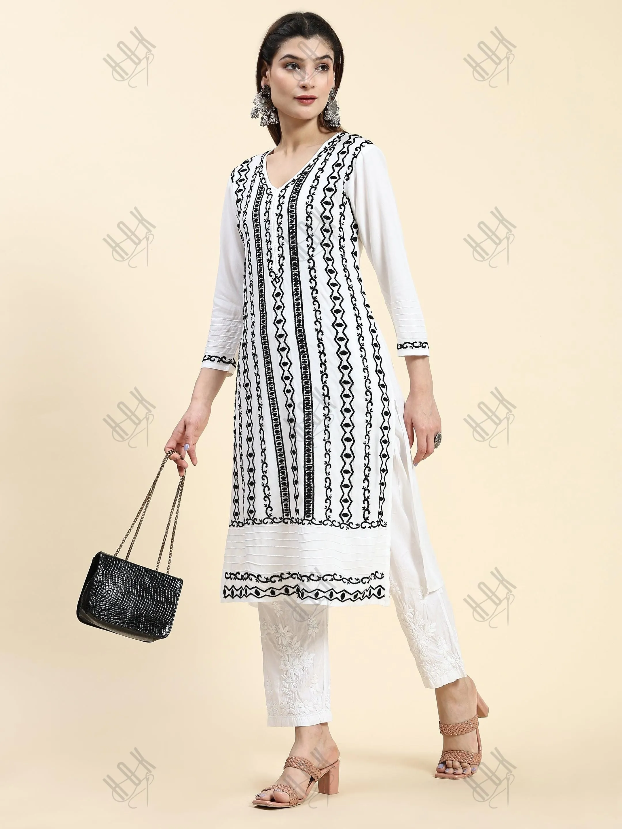 Farheen in Chikankari Long Kurta in Rayon Cotton for Women- White With Black