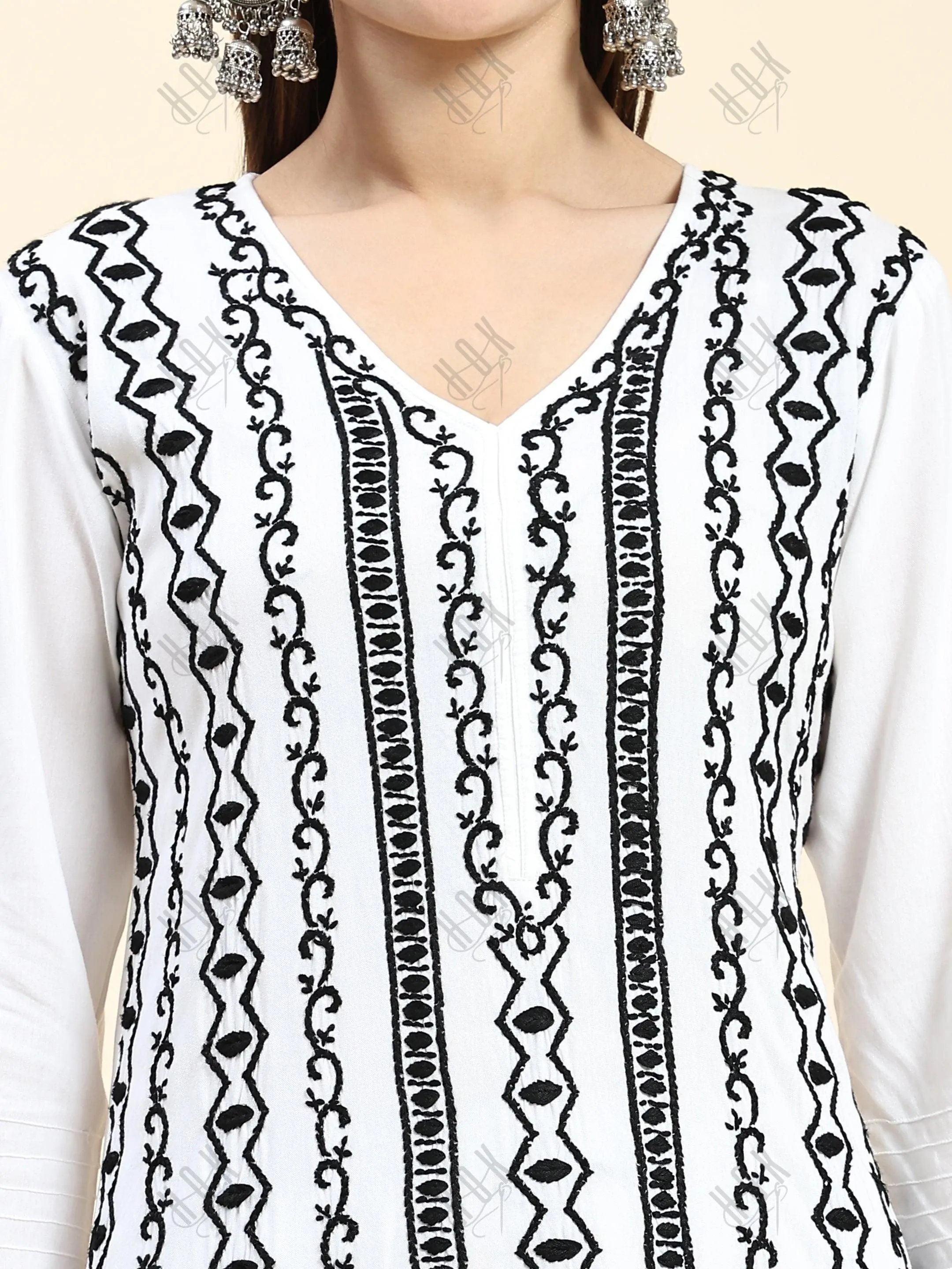 Farheen in Chikankari Long Kurta in Rayon Cotton for Women- White With Black