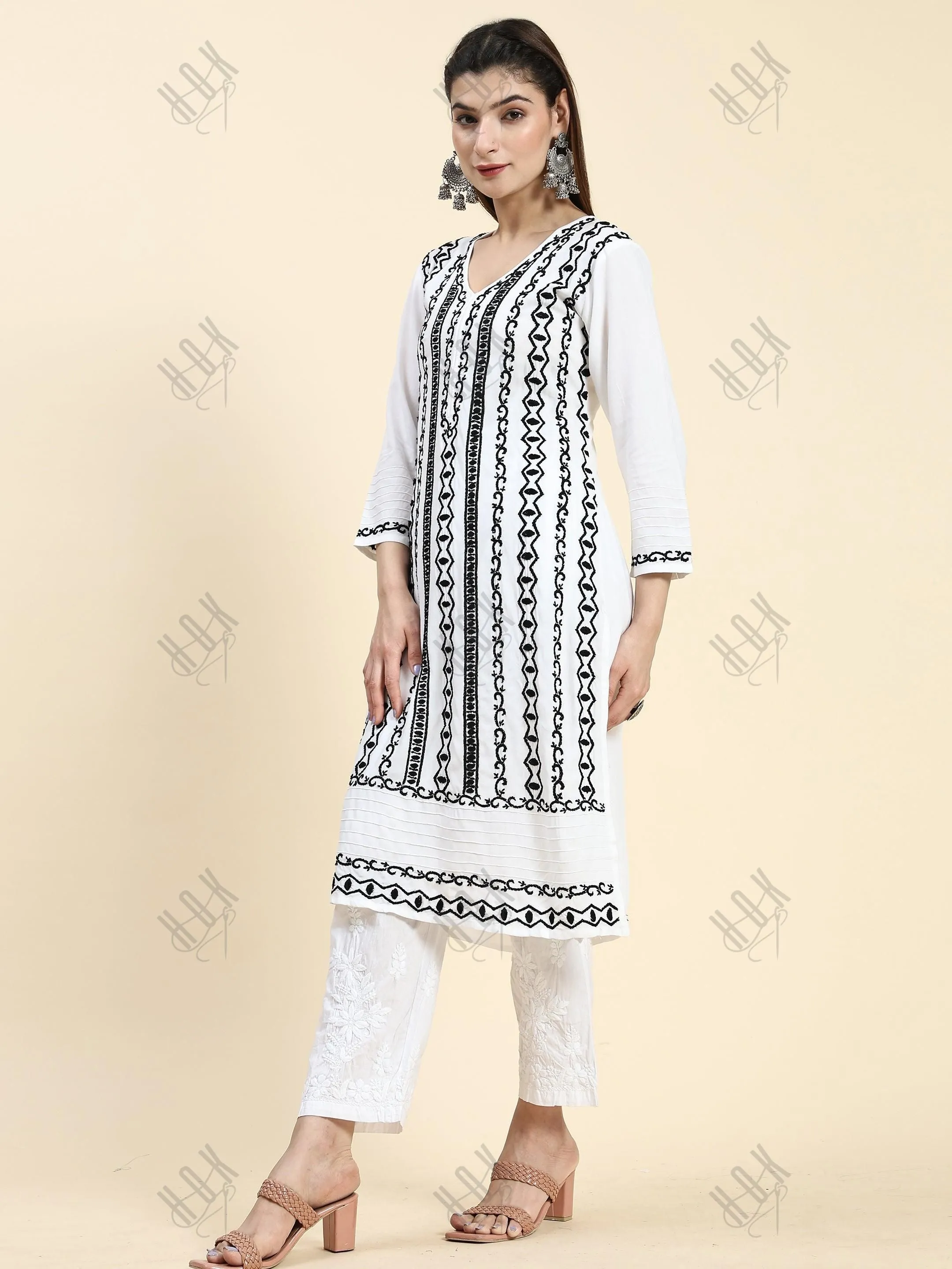 Farheen in Chikankari Long Kurta in Rayon Cotton for Women- White With Black