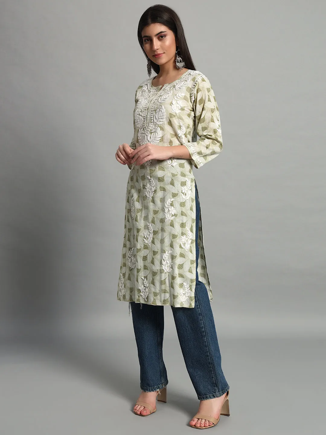 Fashionable Chikan Handikraft Chikankari Kurta for Women Cotton Printed & Embroidered Straight Kurti