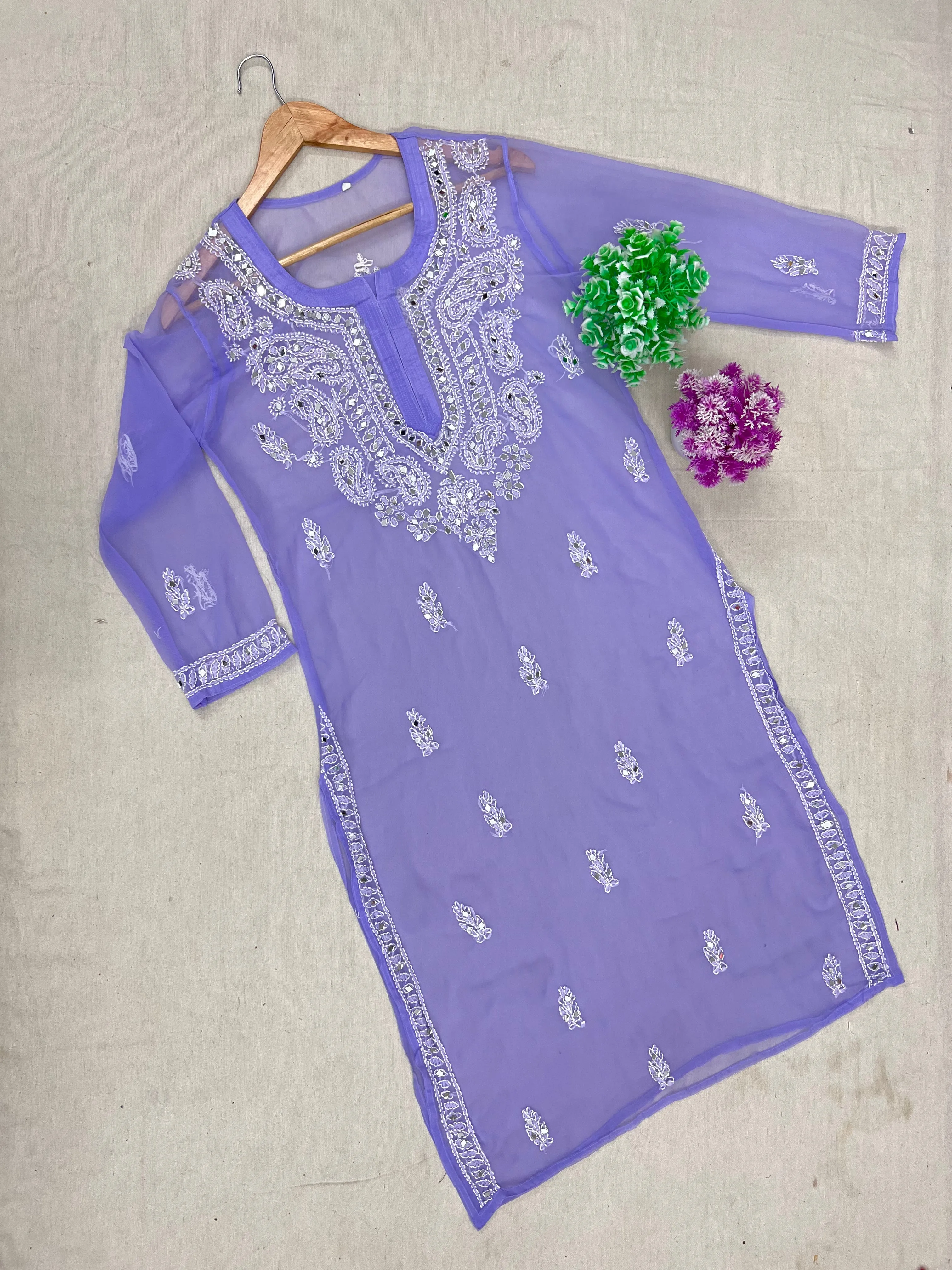 FCH, CHIKAN HANDWORK SOFT GEORGETTE KURTI With Pasted Mirror,