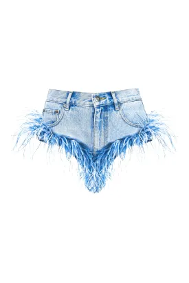 Feather Trim Light Denim Shorts