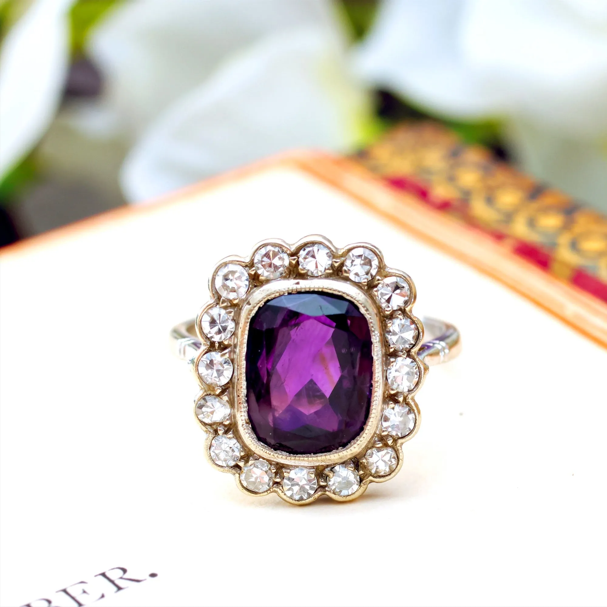 Finest Vintage Amethyst & Diamond Cluster Dress Ring