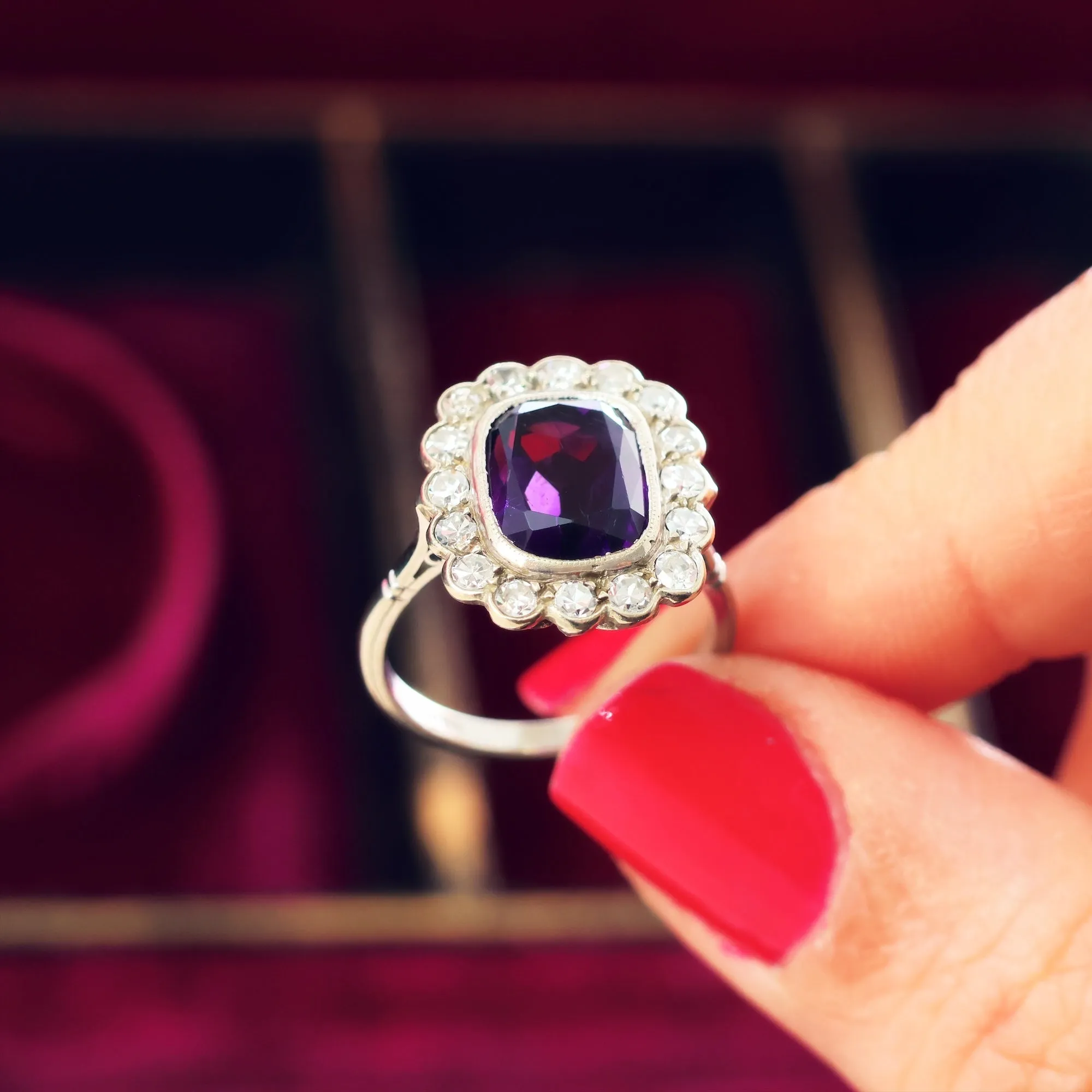 Finest Vintage Amethyst & Diamond Cluster Dress Ring